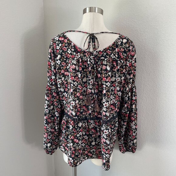 Knox Rose Womens XL Floral Blouse Square Neck Long Sleeve Boho Tassel Tie Shirt - Picture 7 of 11